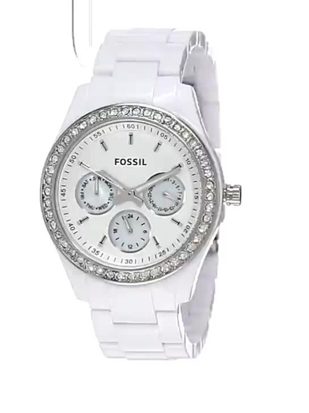 Fossil Stella watch featuring a crystal-accented bezel and resin bracelet